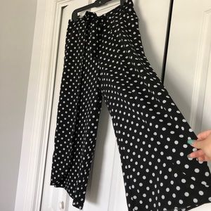 Black and white polka dot front tie pants